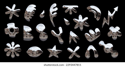 Set of Y2K themed chrome 3D objects, vector abstract shapes with metallic shine - star, arrow, flower, drop, and more, vector de stoc