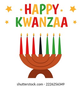 Seven candles in kinara. Vector illustration of Happy Kwanzaa. Holiday african symbols with lettering on white background.: stockvector