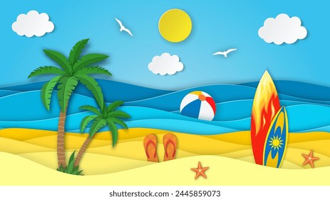 Sea landscape with beach, surfboard, waves, clouds, Flipflops shoe. Paper cut out digital craft style. abstract blue sea and beach summer background with paper waves and seacoast. Vector illustration Arkistovektorikuva