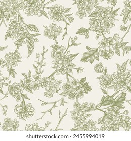 Seamless floral pattern. Vector botanical background. Tree branches with flowers. Green Arkistovektorikuva