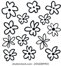 Seamless pattern with black a brush flowers,Hand drawn monochrome ornaments with linear flowers.Geunge floral elements,Ink drawing wild plants, herbs or flowers.organic background. 
: wektor stockowy