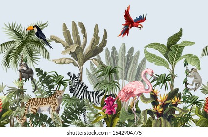 정글동물, 꽃, 나무와의 완벽한 패턴벡터 스톡 벡터