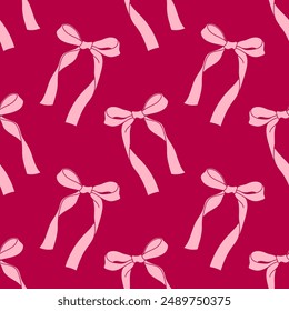 Seamless pattern with ribbon bows. Ballet, coquette core print. Hand drawn pink girly background for fabric, wrapping paper, textile స్టాక్ వెక్టార్