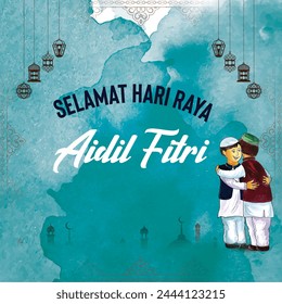 Selamat Hari Raya Aidil Fitri- Eid Mubarak Style decorative greeting background. Green Eid greeting card. two kids hugs, celebrate. The malay words means 'happy hari raya', 'may you forgive us'. vect स्टॉक वेक्टर