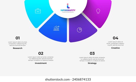 Semicircle pie chart divided into 4 parts. Concept of four features of startup project to select, vector de stoc