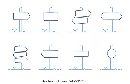 Sign posts vector thin line icons. Road signboards pointing to different directions. Empty blank outline Immagine vettoriale stock