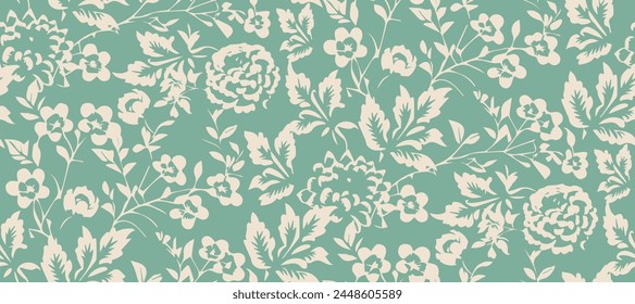 Simple monochrome two-color seamless pattern with flowers silhouette. 库存矢量图