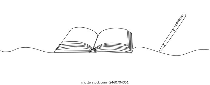 Simple linear illustration of open book and pen. Education Concept. Continuous linear vector illustration with editable strokes. स्टॉक वेक्टर