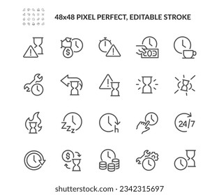 Simple Set of Time Related Vector Line Icons. Contains such Outline Icons as Money for Time, Coffee Break, Sand Watch and more. Editable Stroke. 48x48 Pixel Perfect. Davooda Style. Drawn by real human Immagine vettoriale stock