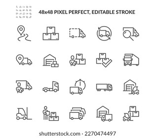 Simple Set of Truck Logistics Related Vector Line Icons. 
Contains such Icons as Cargo Inspection, Route, Forklift at warehouse and more. Editable Stroke. 48x48 Pixel Perfect. Arkistovektorikuva