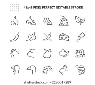 Simple Set of Food Labels Related Vector Line Icons. 
Contains such Icons as Vegetarian, Different Meat Types, Caution Hot sign and more. Editable Stroke. 48x48 Pixel Perfect. Stock-vektor