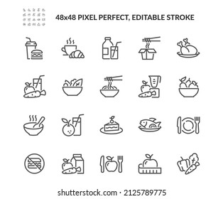 Simple Set of Meal Related Vector Line Icons. Contains such Icons as Fruit Basket, Noddles, Healthy Smoothies and more. Editable Stroke. 48x48 Pixel Perfect., vector de stoc