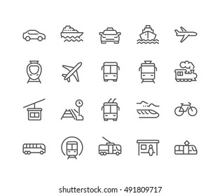 Enkelt sæt af Offentlig Transport Relaterede Vector Line Ikoner. 
Indeholder sådanne ikoner som Taxi, Tog, Sporvogn og meget mere.
Redigerbar slagtilfælde. 48x48 Pixel Perfekt. Stock-vektor