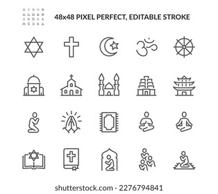 Simple Set of Religion Symbols Related Vector Line Icons. 
Contains such Icons as Prayer Room, Temples, Divine Book and more. Editable Stroke. 48x48 Pixel Perfect. Stock Vector