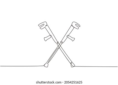 Single one line drawing crutches icon. Elbow crutch, telescopic metal crutch. Medical equipment for rehabilitation of people with diseases of musculoskeletal system. Continuous line draw design vector Adlı Stok Vektör