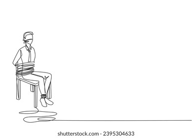 Se sentó un empresario de dibujo de una sola línea, con cuerpo y piernas atados a la silla. Acumulando deudas. Cuentas y activos congelados. Pérdidas al hacer negocios. Rehén. Ilustración gráfica de diseño de línea continua Vector de stock