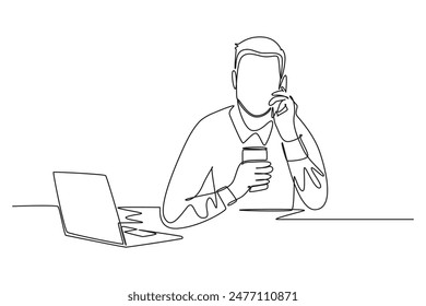 Стоковое векторное изображение: Single one line drawing male manager drink coffee in front of laptop and receiving phone call from business colleague. Office work load concept. Continuous line draw design graphic vector illustration