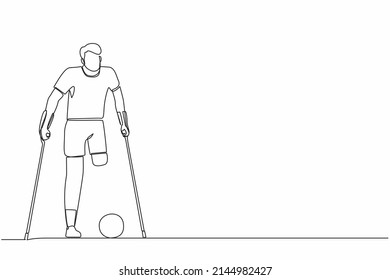 Single continuous line drawing disabled man with crutches playing football in stadium. Disability soccer athlete. Amputated sportsman playing on sport competition. One line draw graphic design vector Adlı Stok Vektör