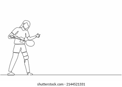 Single continuous line drawing female athlete playing badminton.  woman with prosthetic leg holding racket. Person with disability performing sports activity. One line graphic design vector Adlı Stok Vektör