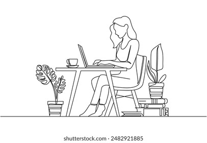A single line drawing of a woman sitting on a chair and painting a wall with a roller. The room has several plants, a window, and a simple design, girl at laptop, continuous line drawing of profession: wektor stockowy
