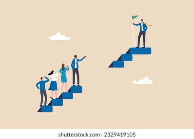 Skill gap, employee difficulty or difference knowledge, competence or career problem, talent obstacle or opportunity challenge concept, business people climb up stair to find sill gap to reach goal. 庫存向量圖