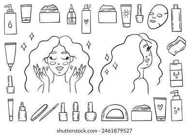 Skin care, beauty products, cosmetics icons set. Hand-drawn vector bottles and tubes. Woman beauty routine doodles. Vector illustration of skin and hair care. Line art cartoon girls portraits Stockvektorkép