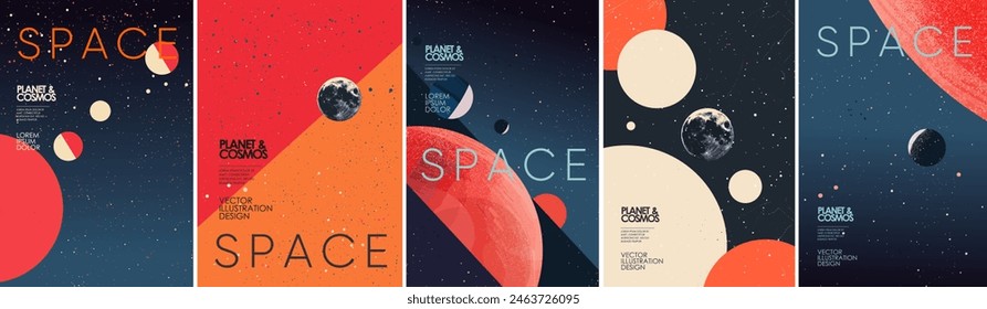 Space, planets and galaxy. Set of futuristic space posters featuring planets, cosmos, and abstract geometric shapes. Perfect for astronomy enthusiasts, science fiction themes, and modern wall art Immagine vettoriale stock