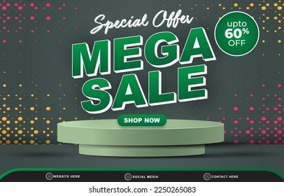 special offer mega sale template banner with blank space 3d podium for product sale with abstract gradient green background design: stockvector