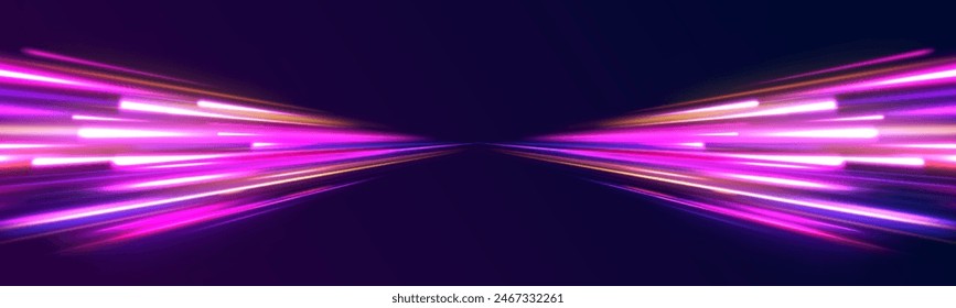 Boutons de lumière de vitesse  arrière-plan Image vectorielle avec effet de lumière rapide flou, couleurs violettes bleues sur fond noir. Exposition brillante dans la rue. Mouvement flou. Flux étincelant.  Image vectorielle abstraite dynamique sombre. : image vectorielle de stock