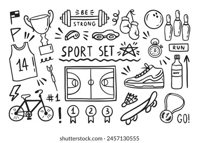 Sport elements doodle. Funny hand drawn Cute cartoon black and white collection. Vector illustration Stockvektor