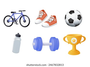 Sport and Fitness Icons in 3D style set vector design. Workout gym tools, Sport equipment, healthcare concept. Gym accessories, training items, workout stuff, sportswear. Fitness icons Stockvektor