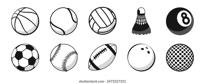Sports balls minimal flat icon set. Baseball, American Football, Soccer, Volleyball, Golf, Basketball, Tennis. Trendy logo designs Stockvektor