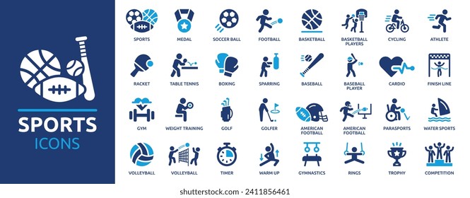 Sports icon set. Containing football, basketball, trophy, competition, medal, gym, volleyball and more. Solid vector icons collection. Imagem Vetorial Stock