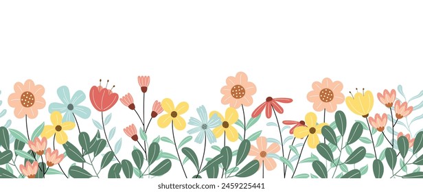 Spring flat flower background vector. Horizontal seamless floral pattern. Botanical art print for Happy Easter, Folk style home decor , Wall decoration, and fabric.  Arkistovektorikuva