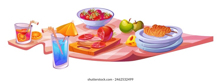 Spring picnic food on blanket for park lunch scene. Cute outdoor mat with wine, fruit and snack for travel dinner. Tablecloth for outing party celebration with tomato, apple and cocktail clipart 庫存向量圖