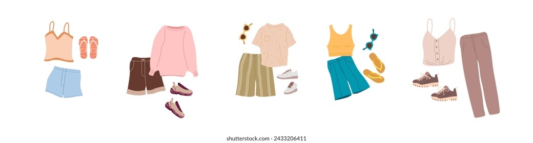 Spring or summer Outfit sets. Casual clothing sets for warm weather in modern street style. Fashionable clothes for home, walking and relaxing. Flat vector illustration isolated on white background. เวกเตอร์สต็อก