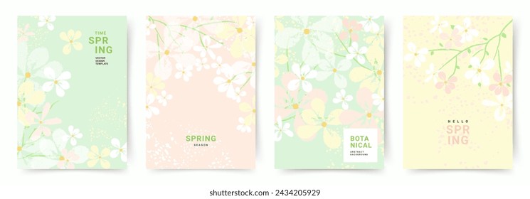 Spring trendy backgrounds with blooming branches and pink flowers. Cute abstract pastel vector templates for poster, invitation, card, flyer, cover, banner, brochure, social media, sale, advertising - Vector στοκ