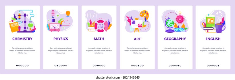 Study school education subjects chemistry, physics, math, art, geography, english. Mobile app screens. Vector banner template for website and mobile development. Web site design illustration. Stock Vector