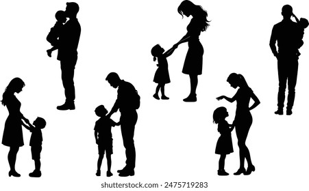 Stylish silhouette set of kids and parents 库存矢量图