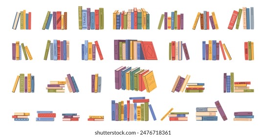 Stacks and rows of books for reading, pile of textbooks for education. Vector set of literature and dictionaries, encyclopedias and various documents teaching materials publications स्टॉक वेक्टर