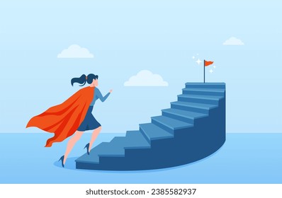 Stair to success, career path to achieve business target concept. Vector of a super hero woman climbing up stairs to reach her ambitions  Stock-vektor