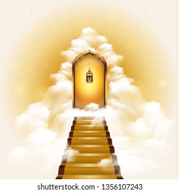 Stairway to heaven door with realistic lighted candle lantern. The concept of religions and philosophical topics. Vektor Stok