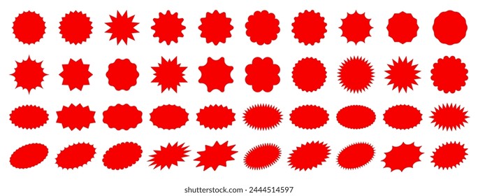 Starburst sale price stickers and labels, star and rosette, sunburst, callout and splash, stamp and tag badges. Isolated vector circle and oval red stickers, promo labels and tags with scalloped edges Imagem Vetorial Stock