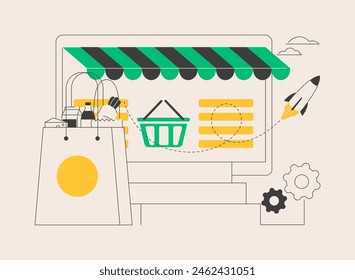 Start and launch your online store abstract concept vector illustration. Small business online, grocery and essentials curbside pickup, accept orders and payment abstract metaphor. 库存矢量图