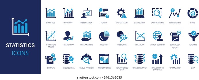 Statistics flat icons set. Graph, chart, cloud analysis, survey, prediction, web statistics icons and more signs. Flat icon collection. Immagine vettoriale stock
