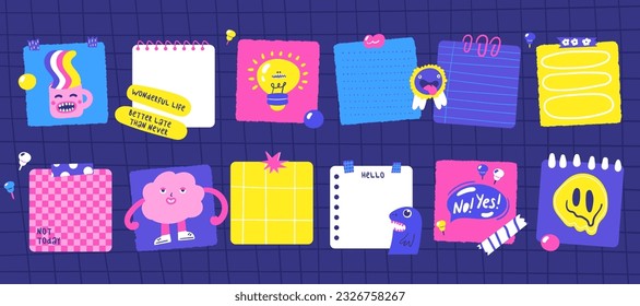 Sticky hand drawn doodle notes on paper, cute blanks, office notices, home reminder with funny characters. Paper sticky notes, memo messages, torn paper for school, university, work. Vector eps 10 Stock vektor
