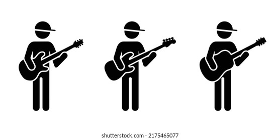 Stickman, stick figure man singer. Musician, guitar player or guitaris Cartoon bass, acoustic, rock electric, guitars headstock. Music silhouette. Vector guitars. Musical instrument, guitar amplifier. Arkistovektorikuva