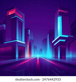 Straight neon road through the city. Night futuristic cyberpunk street in downtown. Stock vektor
