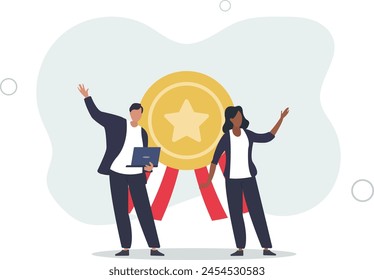 success businessman and businesswoman professional stand with star award.flat vector illustration. Immagine vettoriale stock