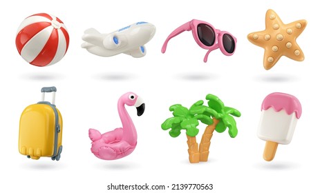 Summer 3d realistic render vector icon set. Inflatable ball, airplane, sunglasses, starfish, suitcase, flamingo, palm trees, ice cream Imagem Vetorial Stock